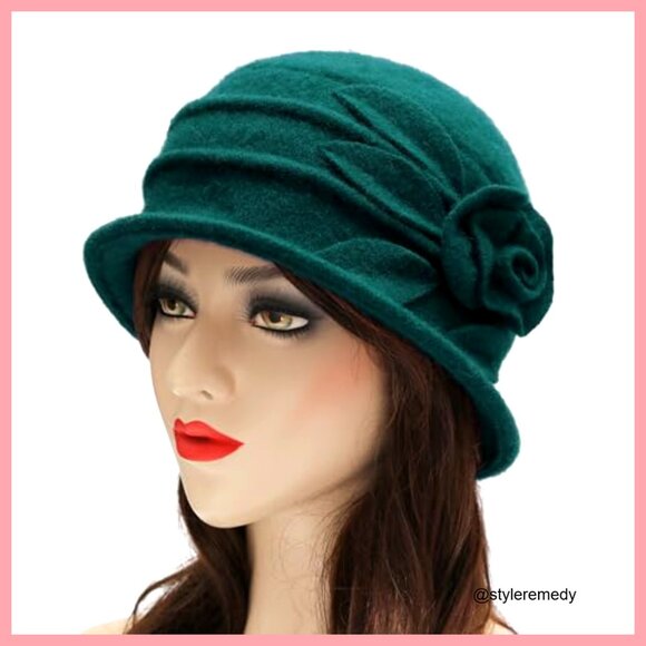 Wool Blend Vintage Winter Cloche Bucket Hat with Flower Accent main image 4